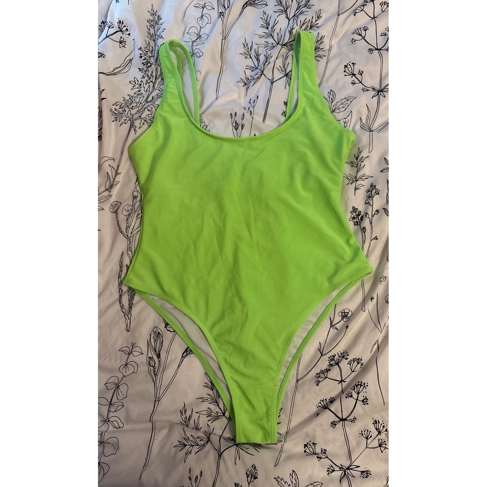 NEW Miaiulia Women's Neon Green Hi Leg‎ Scoop Back One Piece Tank Swimsuit XL